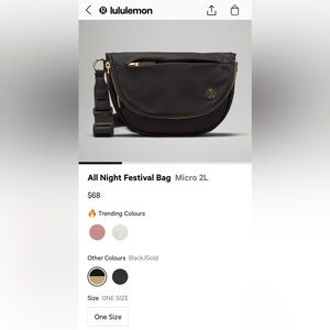 Lululemon All night festival bag micro 2L. Black, gold hardware. Brand new.